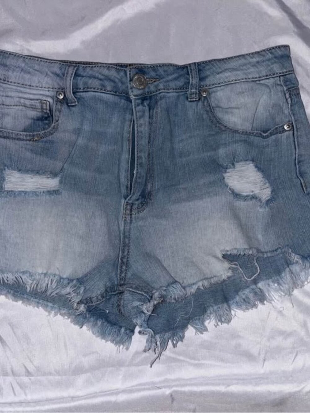 Almost Famous StoneWash High Rise Distressed Denim Shorts, 12